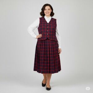 Vintage 90s Karen Scott 2 Piece Vest Skirt‎ Set Women Large Red Blue Corduroy